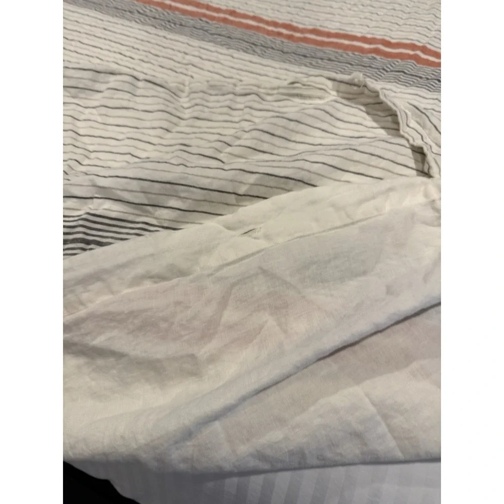 West Elm King 100% Linen Duvet Cover Natural Ivory Gray Terracotta Stripe 92x108
